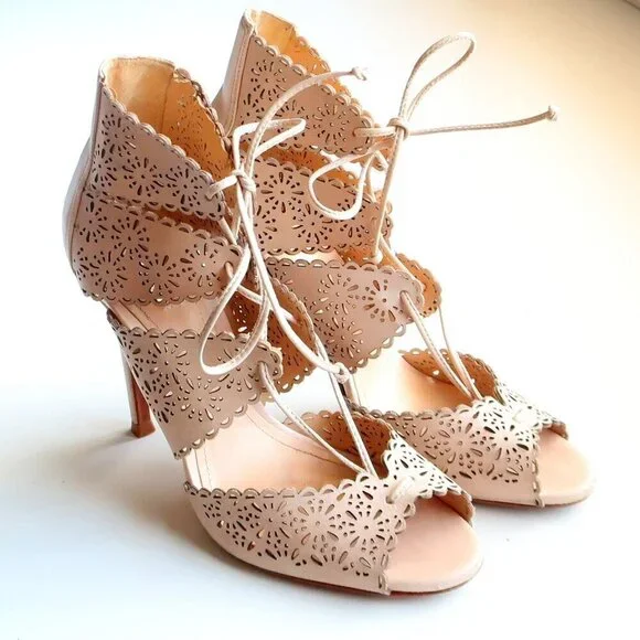 Schutz Tan Perforated Leather Heels Lace-up Peep Toe Summer Shoes Size 6.5 - Picture 16 of 16